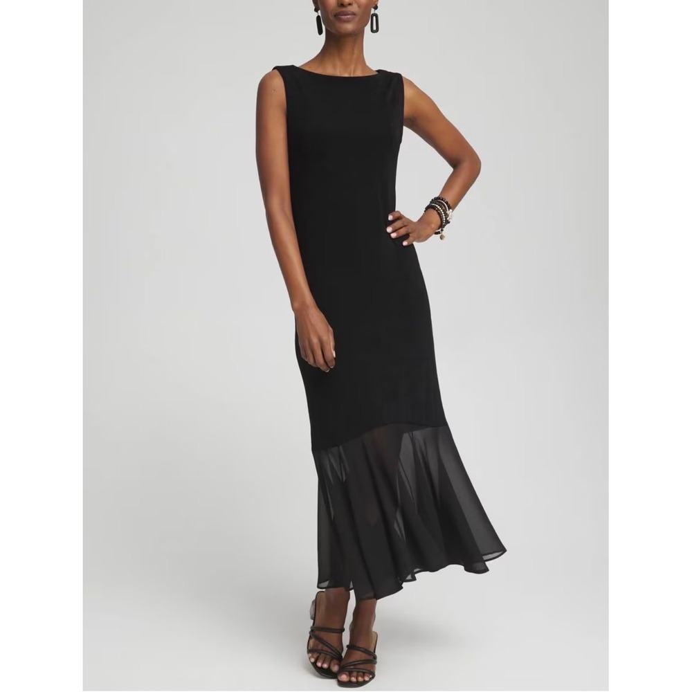 Chico's Travelers Chiffon Hem Dress 3 XL Black Sleeveless Sheer Flounce Midi LBD